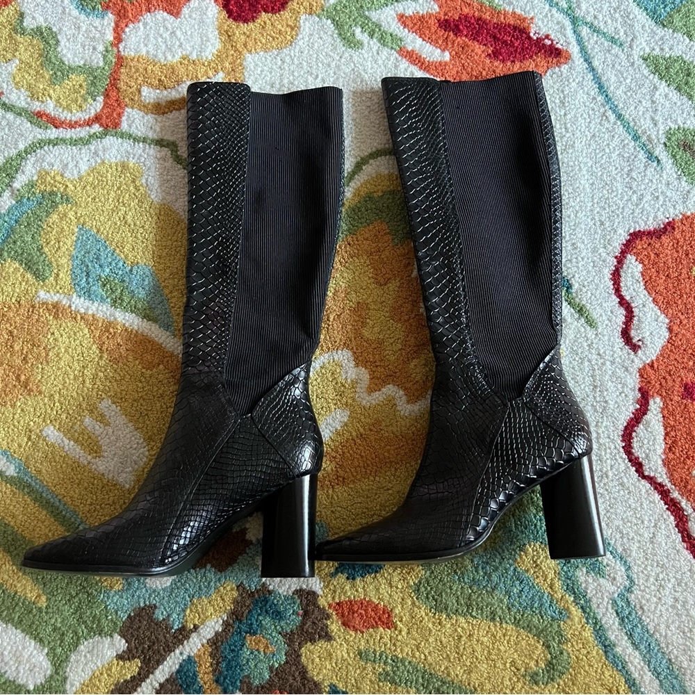 Black leather snake skin knee high boots